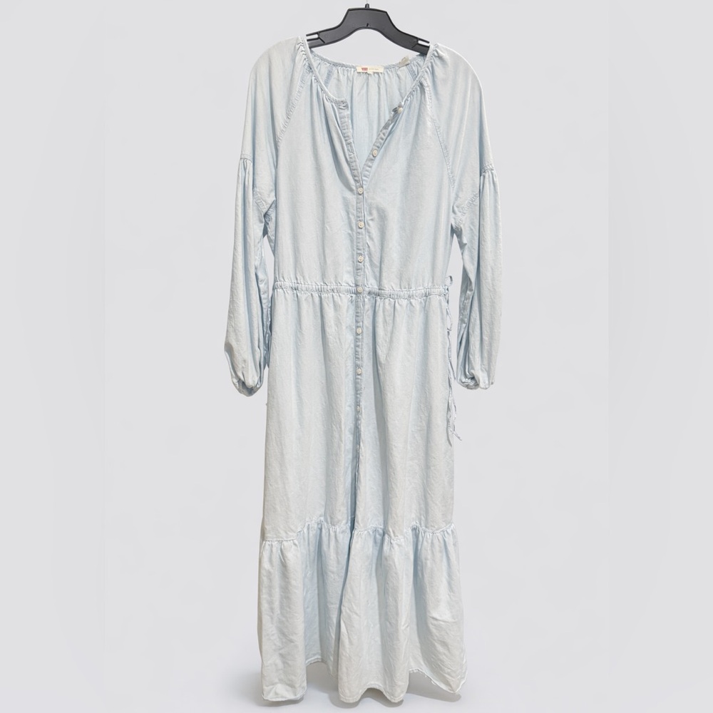 Light Blue cotton chambray button front dress.